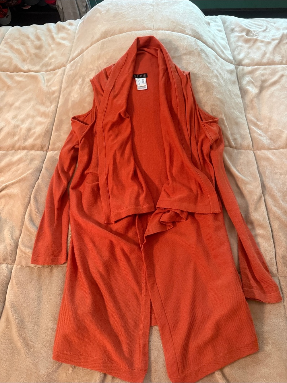 VENUS Burnt Orange Open-Front Draped Women's Cardigan with open shoulders